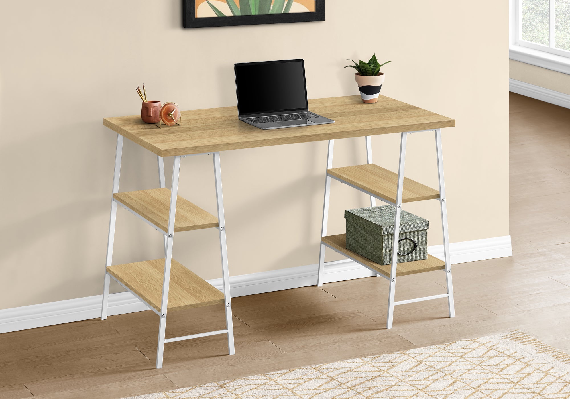 BUREAU D'ORDINATEUR - 48"L / NATUREL / MÉTAL BLANC