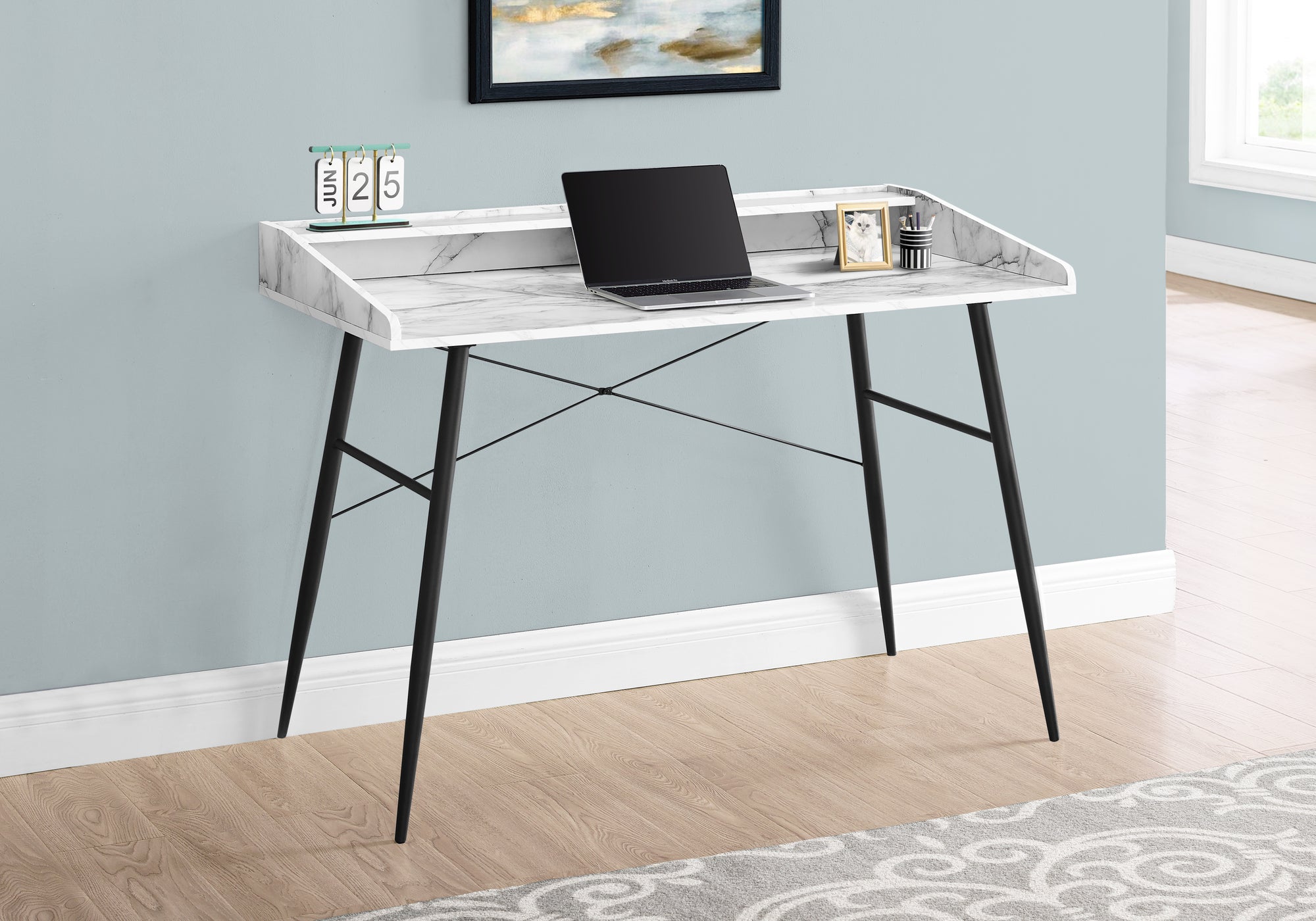 BUREAU D'ORDINATEUR - 48"L / ASPECT MARBRE BLANC / METAL NOIR
