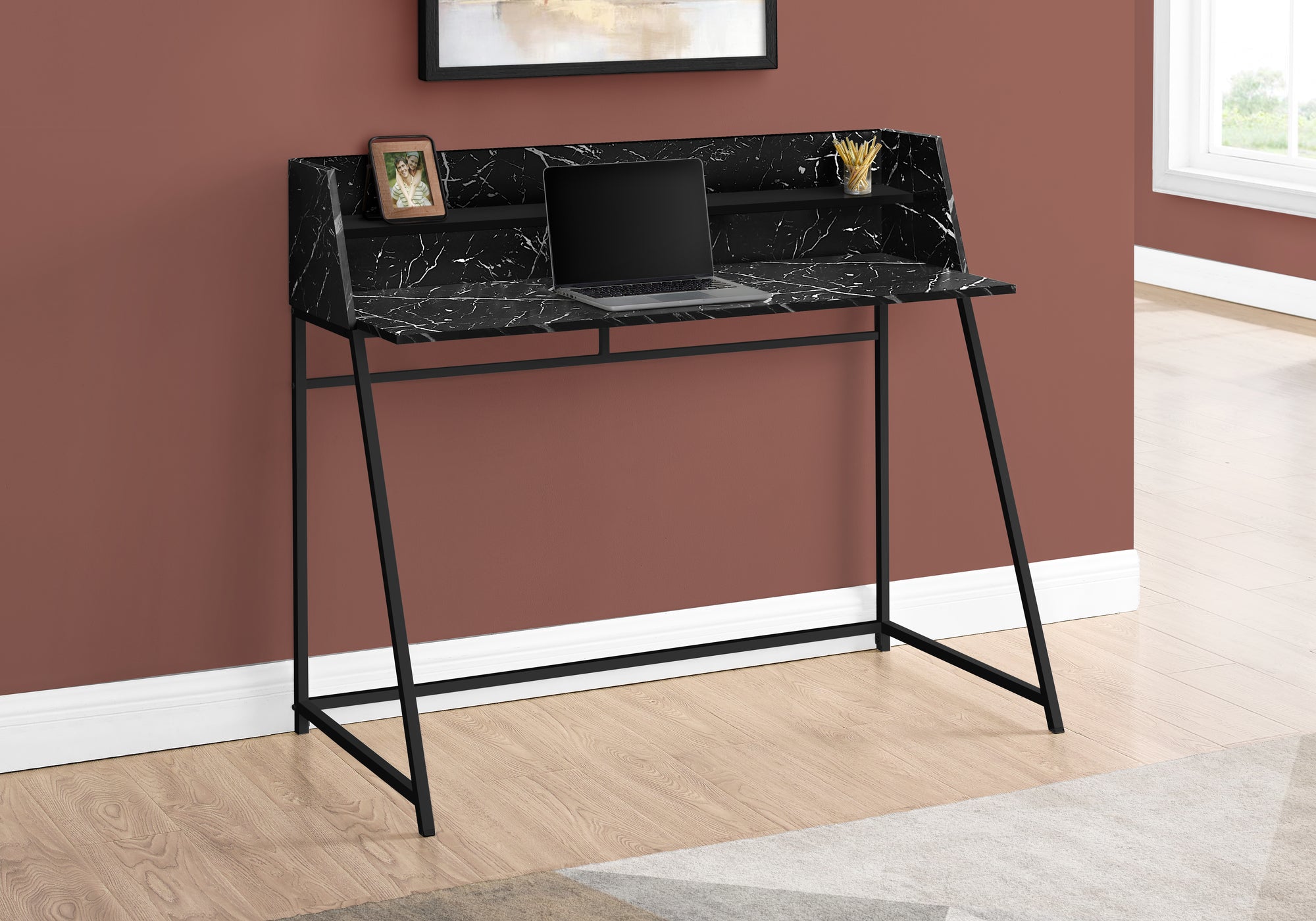 BUREAU D'ORDINATEUR - 48"L / ASPECT MARBRE NOIR / MÉTAL NOIR