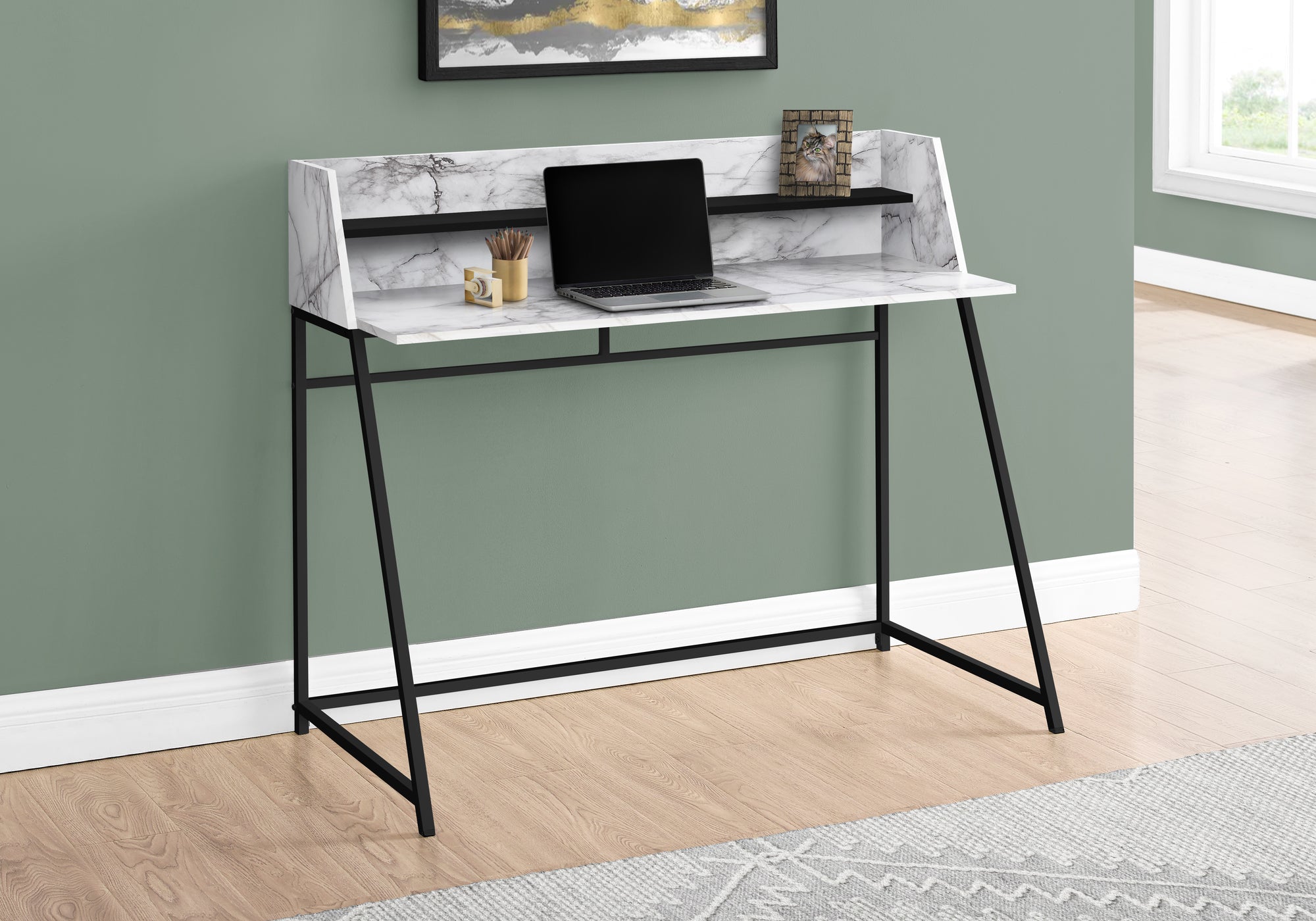 BUREAU D'ORDINATEUR - 48"L / ASPECT MARBRE BLANC / METAL NOIR