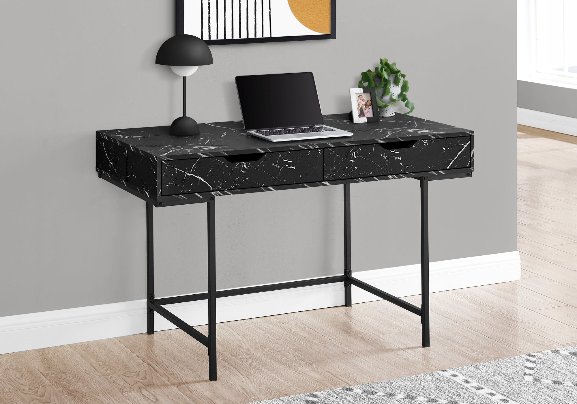BUREAU D'ORDINATEUR - 48"L / ASPECT MARBRE NOIR / MÉTAL NOIR