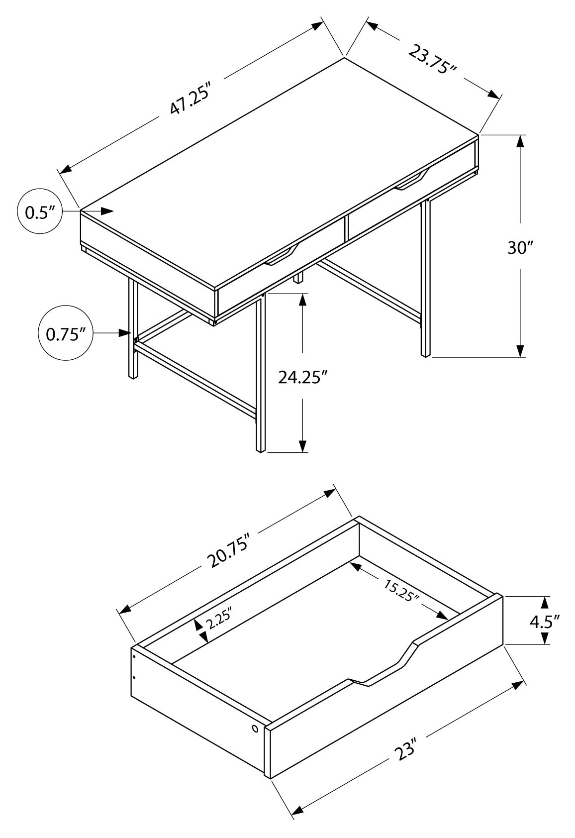 BUREAU D'ORDINATEUR - 48"L / NATUREL / MÉTAL BLANC