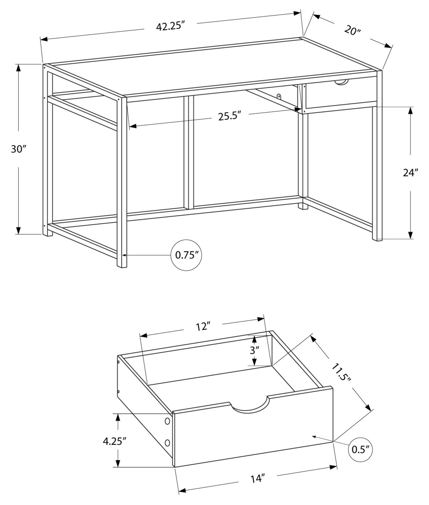 BUREAU D'ORDINATEUR - 42"L / ASPECT MARBRE NOIR / MÉTAL NOIR