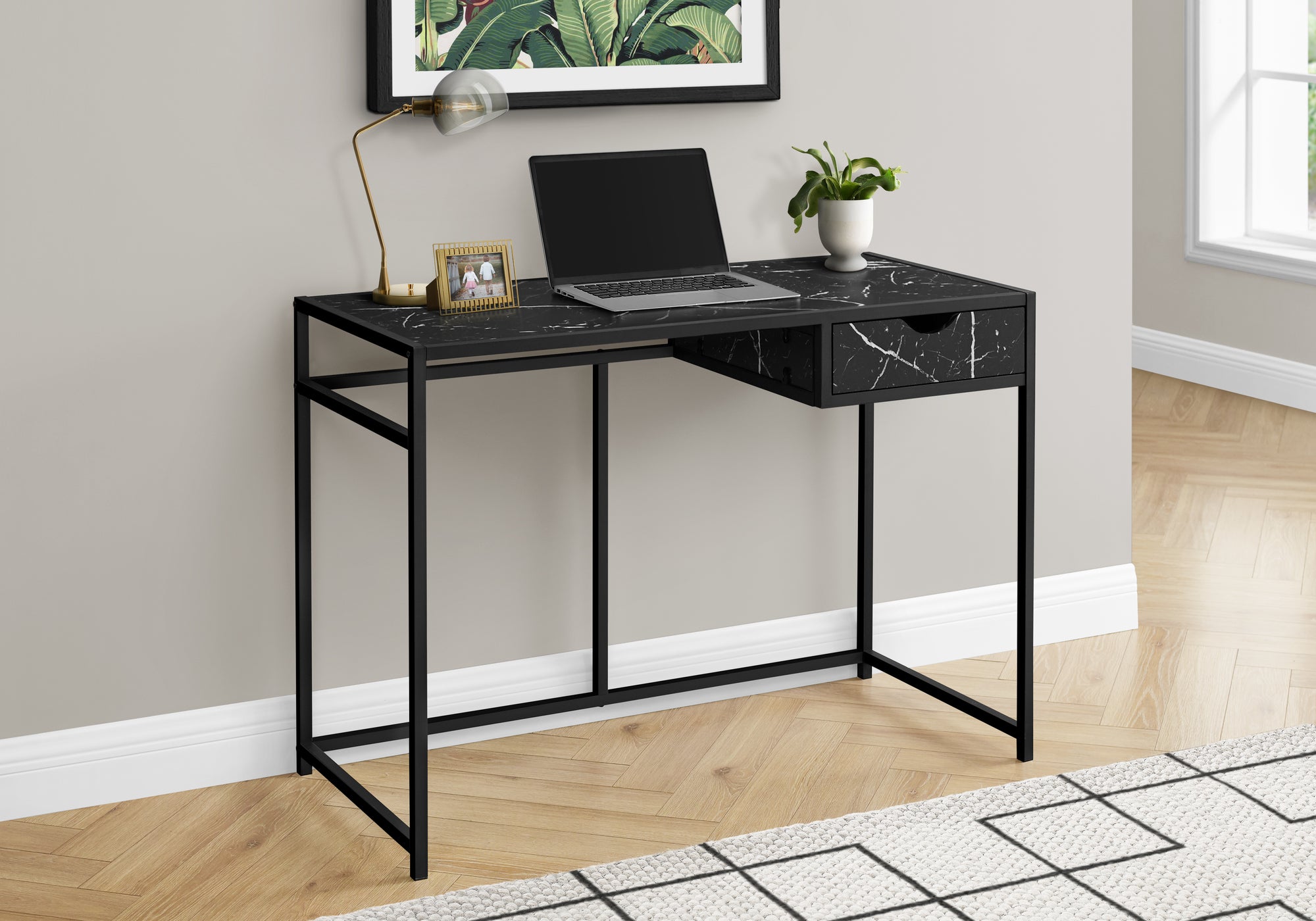 BUREAU D'ORDINATEUR - 42"L / ASPECT MARBRE NOIR / MÉTAL NOIR
