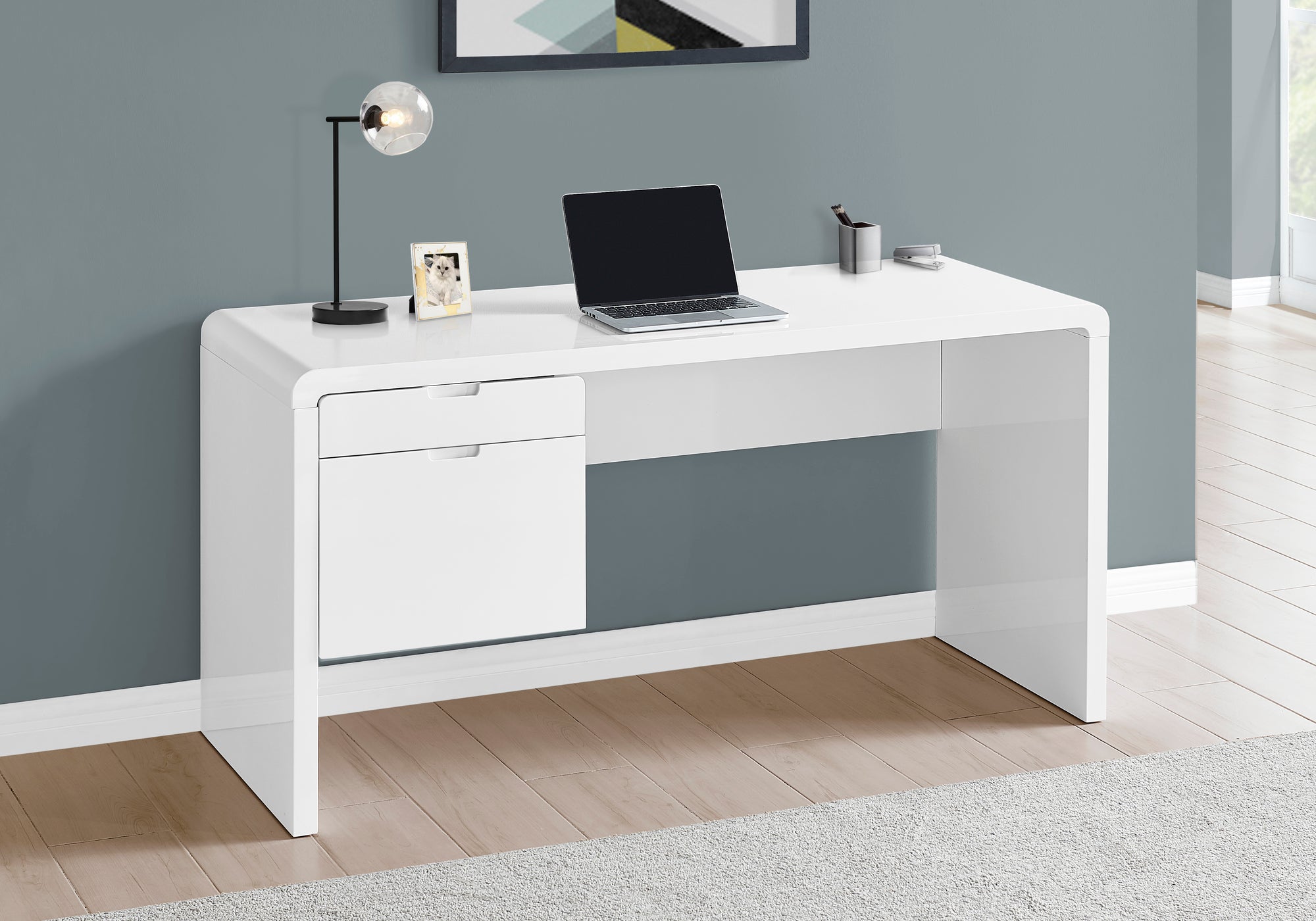 BUREAU D'ORDINATEUR - 60"L / TIROIR GAUCHE FACE BLANC BRILLANT