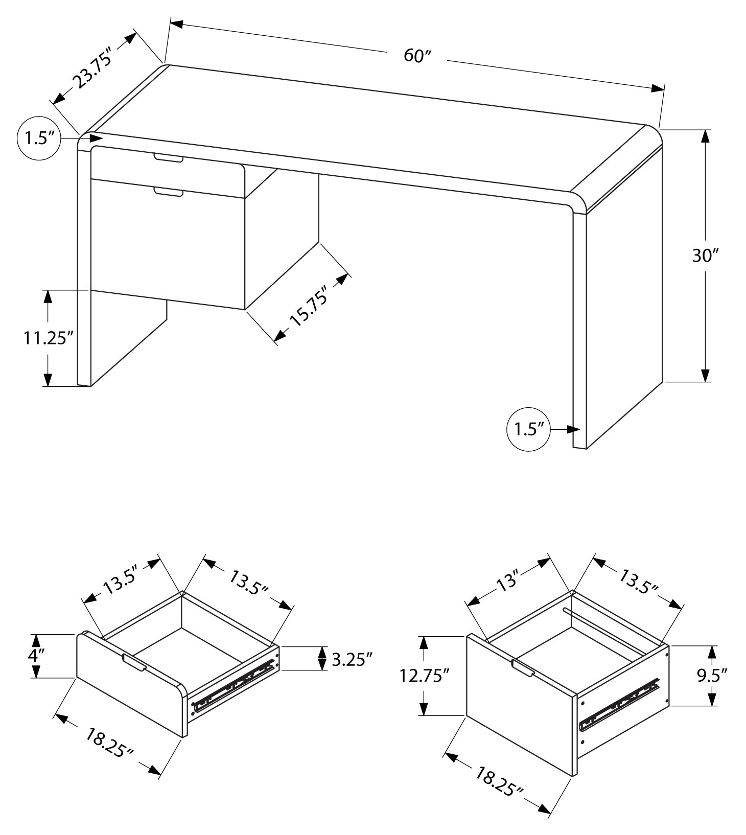 BUREAU D'ORDINATEUR - 60"L / TIROIR GAUCHE FACE BLANC BRILLANT
