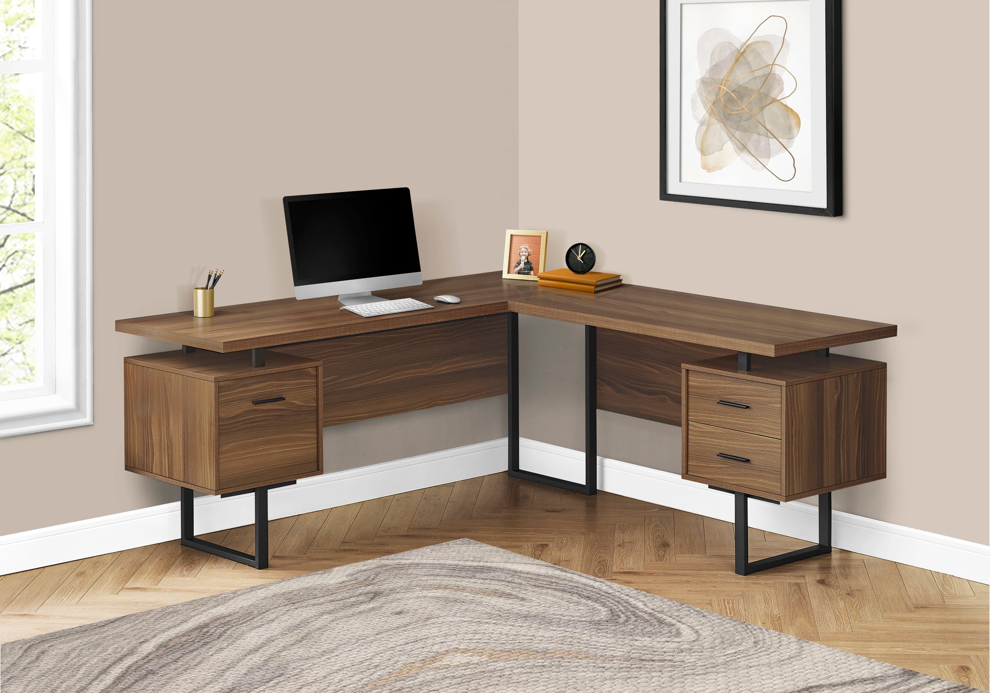 BUREAU D'ORDINATEUR - 70"L / NOYER / METAL NOIR / FAÇADE G/D