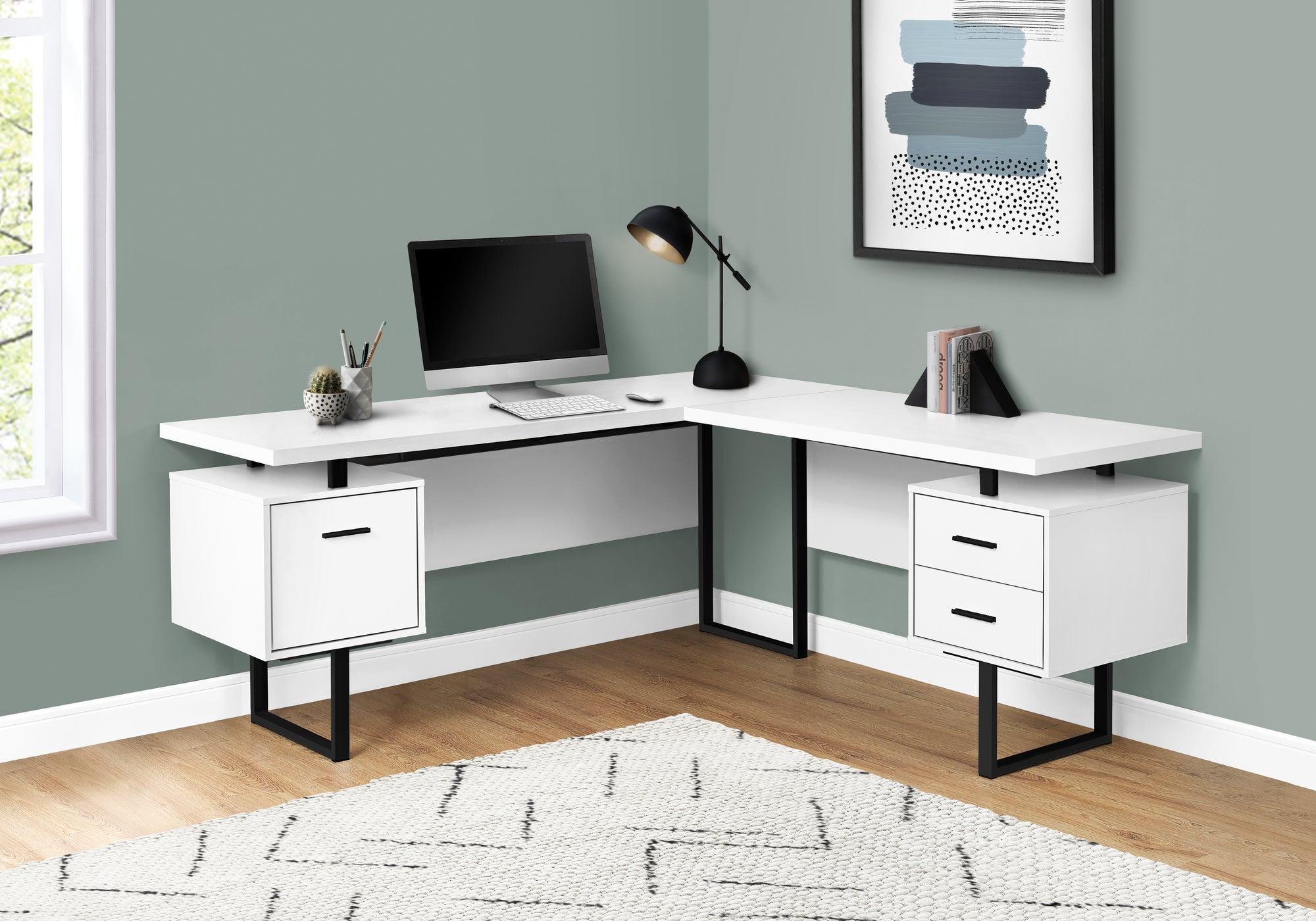 BUREAU D'ORDINATEUR - 70"L / BLANC / METAL NOIR / FACE G/D