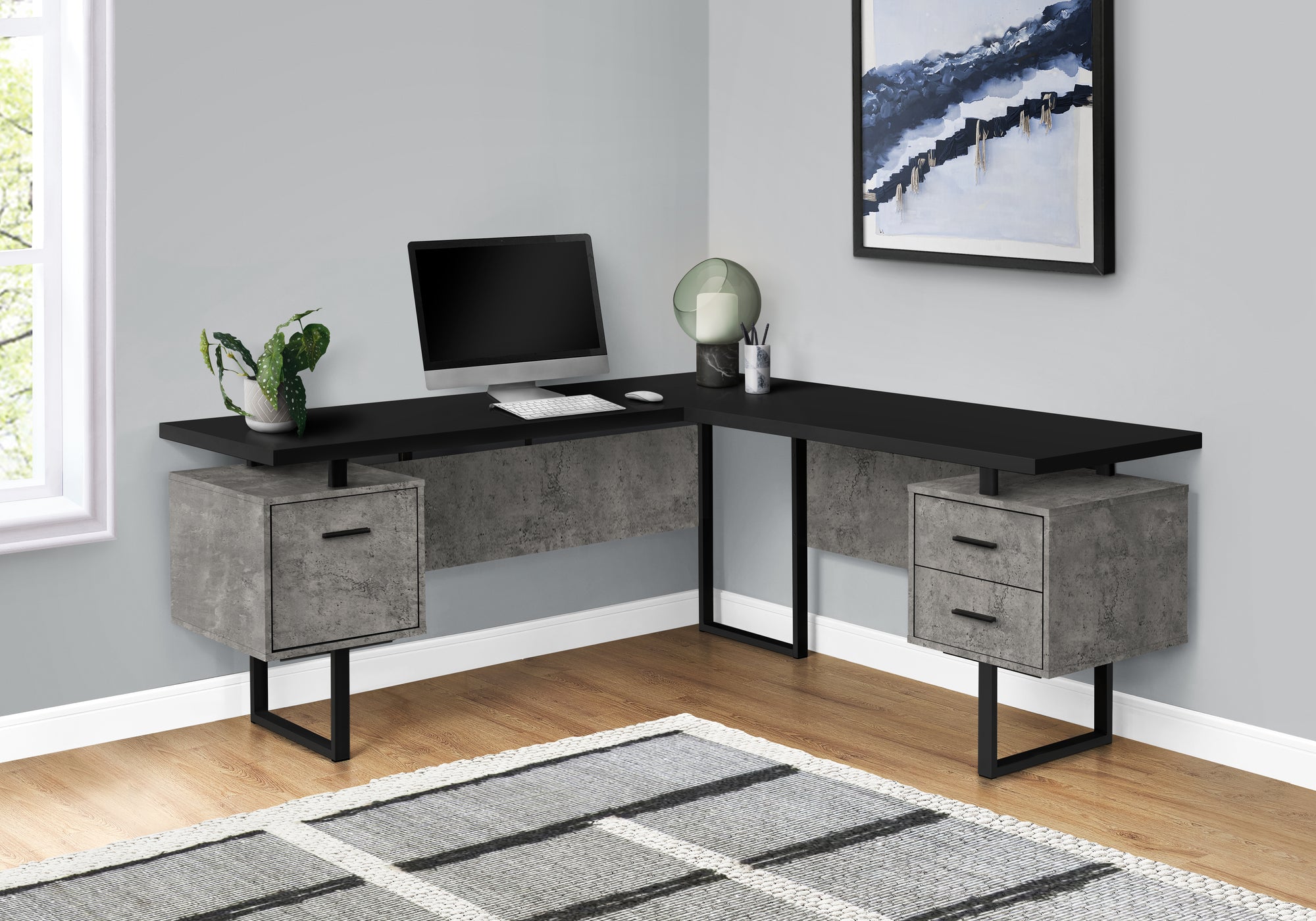 BUREAU D'ORDINATEUR - 70"L / NOIR/ BÉTON/ MÉTAL NOIR / G/D