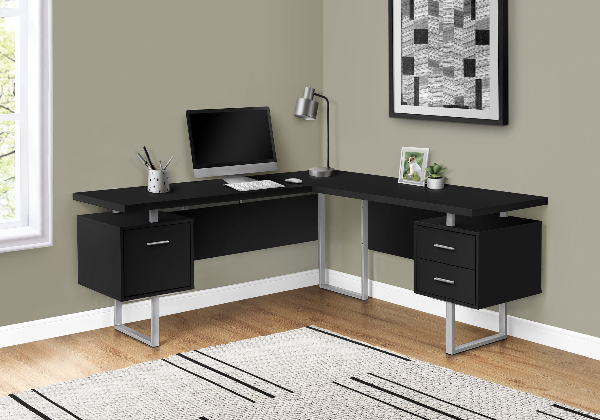 BUREAU D'ORDINATEUR - 70"L / NOIR / METAL ARGENT / FACE G/D
