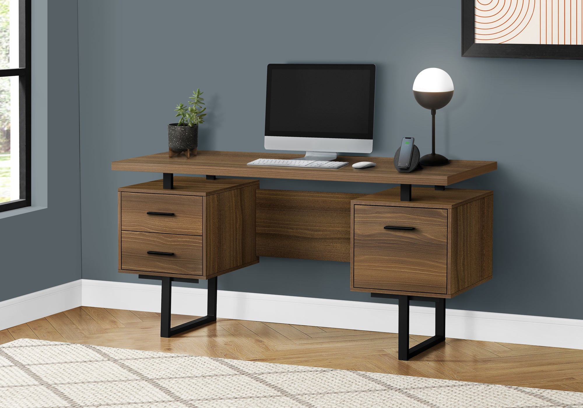 BUREAU D'ORDINATEUR - 60"L / NOYER / METAL NOIR
