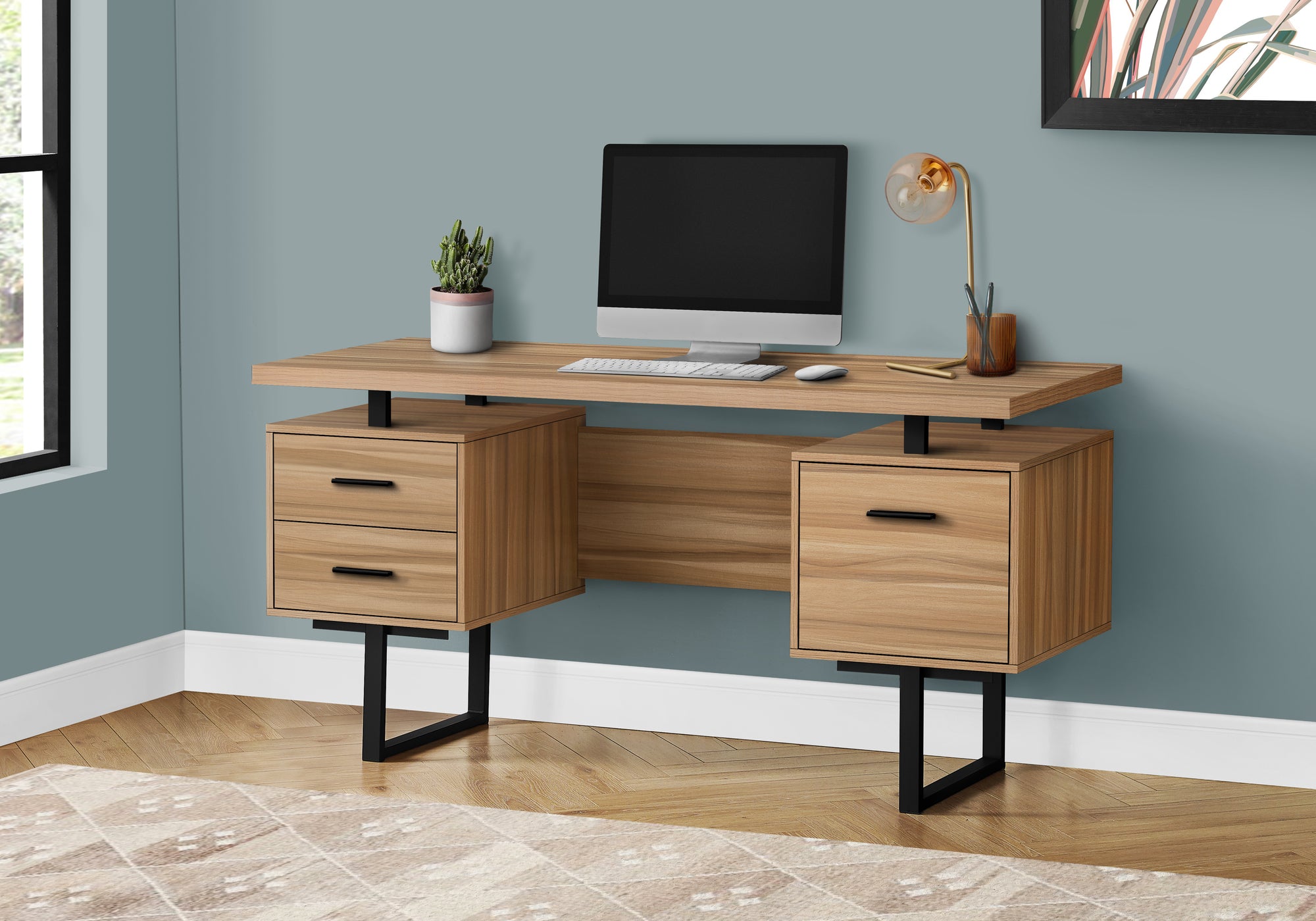 BUREAU D'ORDINATEUR - 60"L / BOIS DE RÉCUPÉRATION LÉGER / MÉTAL NOIR