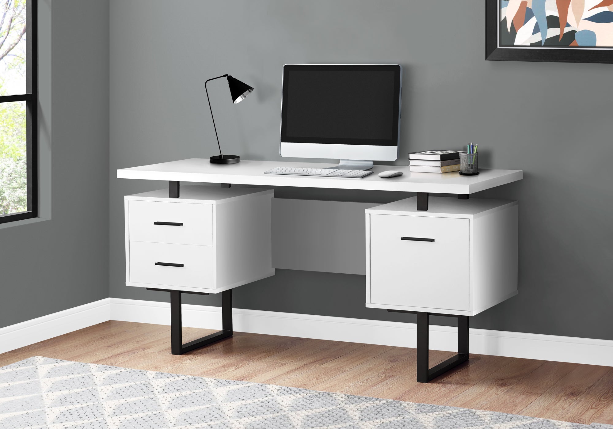BUREAU D'ORDINATEUR - 60"L / BLANC / METAL NOIR