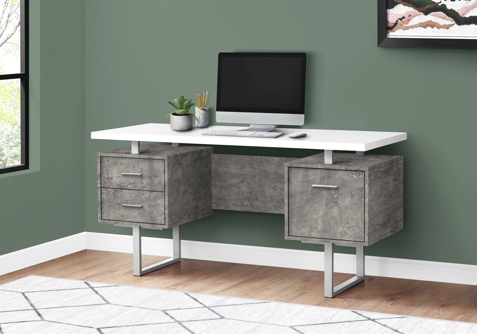 BUREAU D'ORDINATEUR - 60"L / BLANC/ BÉTON GRIS/ MÉTAL ARGENT