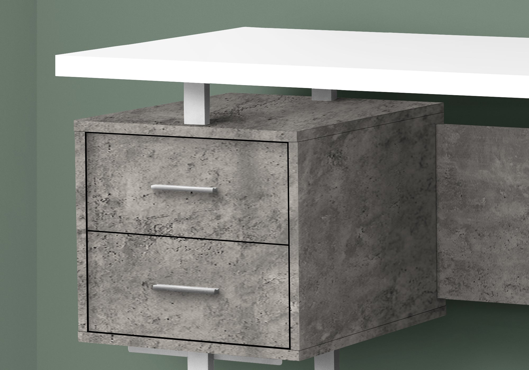 BUREAU D'ORDINATEUR - 60"L / BLANC/ BÉTON GRIS/ MÉTAL ARGENT