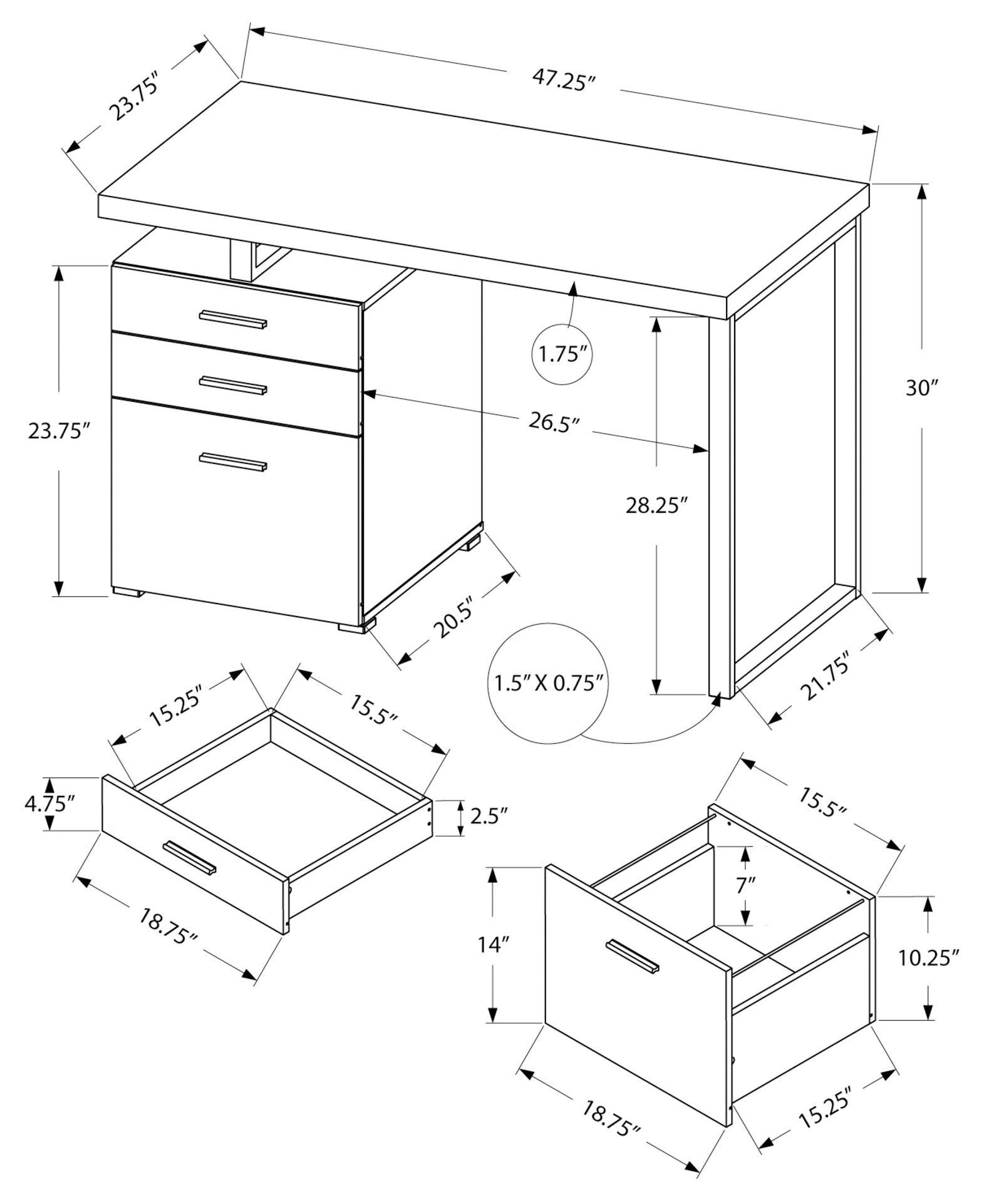 BUREAU D'ORDINATEUR - 48"L / BLANC / METAL NOIR / FACE G/D