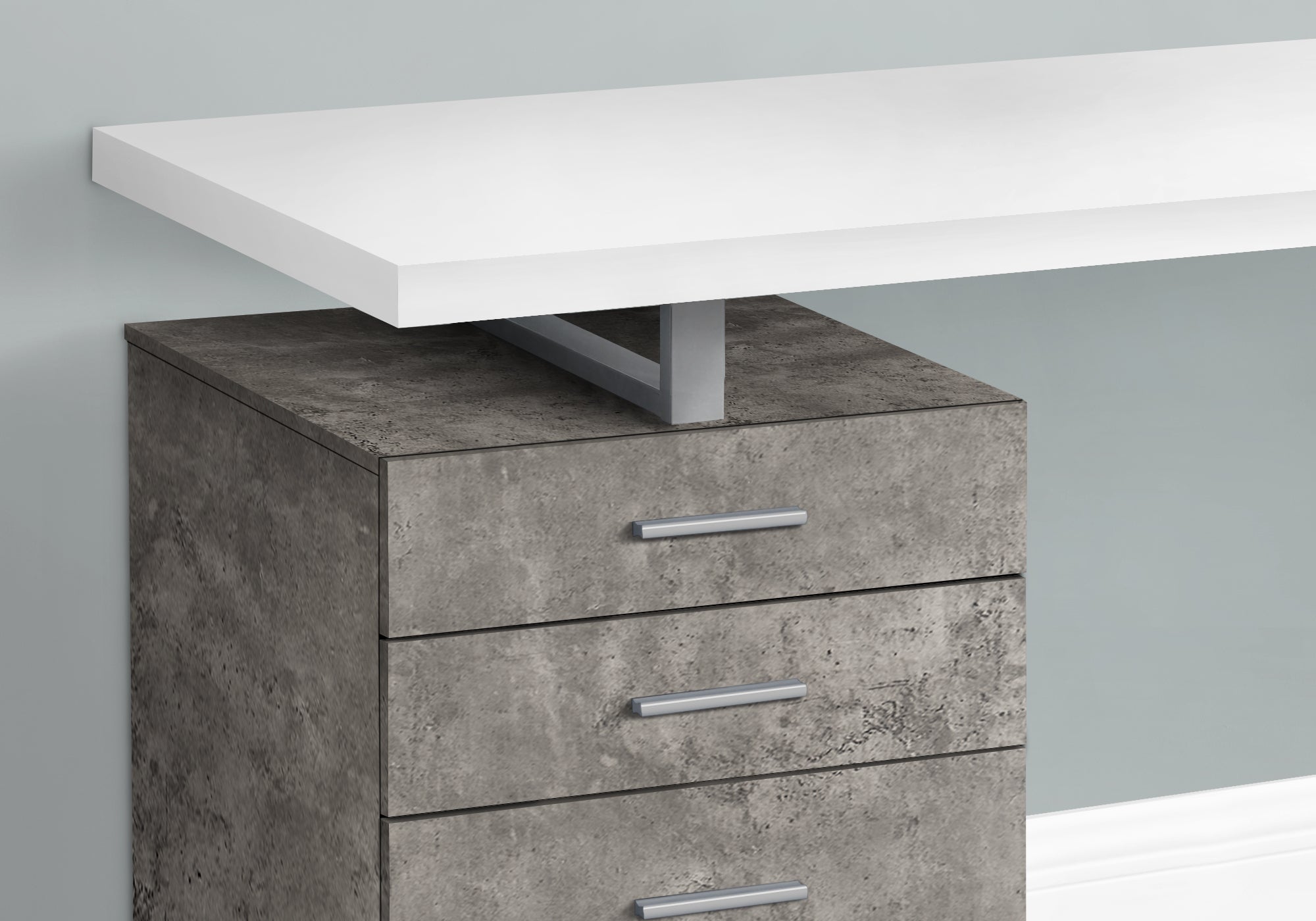 BUREAU D'ORDINATEUR - 48"L / BLANC/ BÉTON/ MÉTAL ARGENT/ G/D