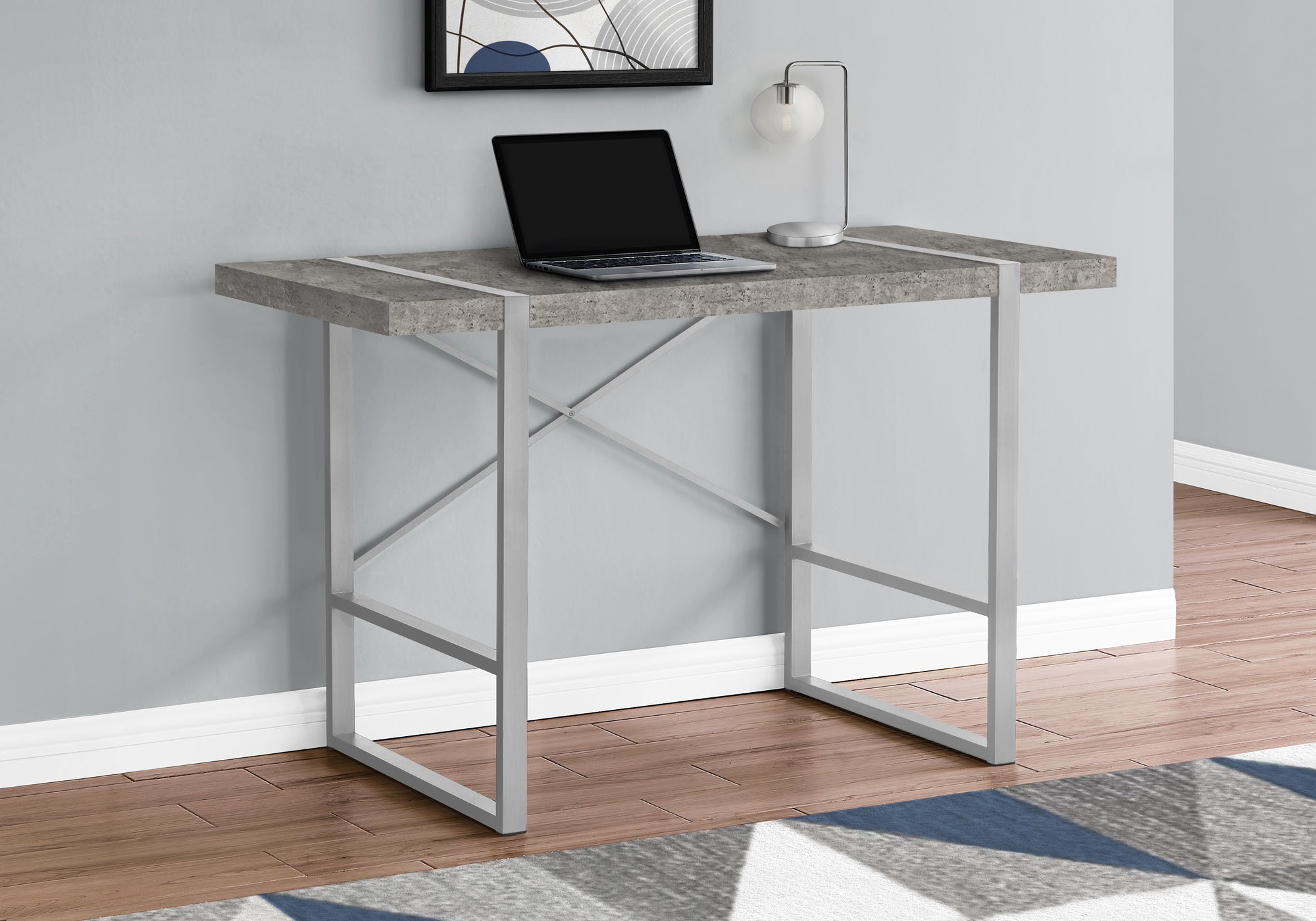 BUREAU D'ORDINATEUR - 48"L / ASPECT BÉTON GRIS / MÉTAL ARGENT