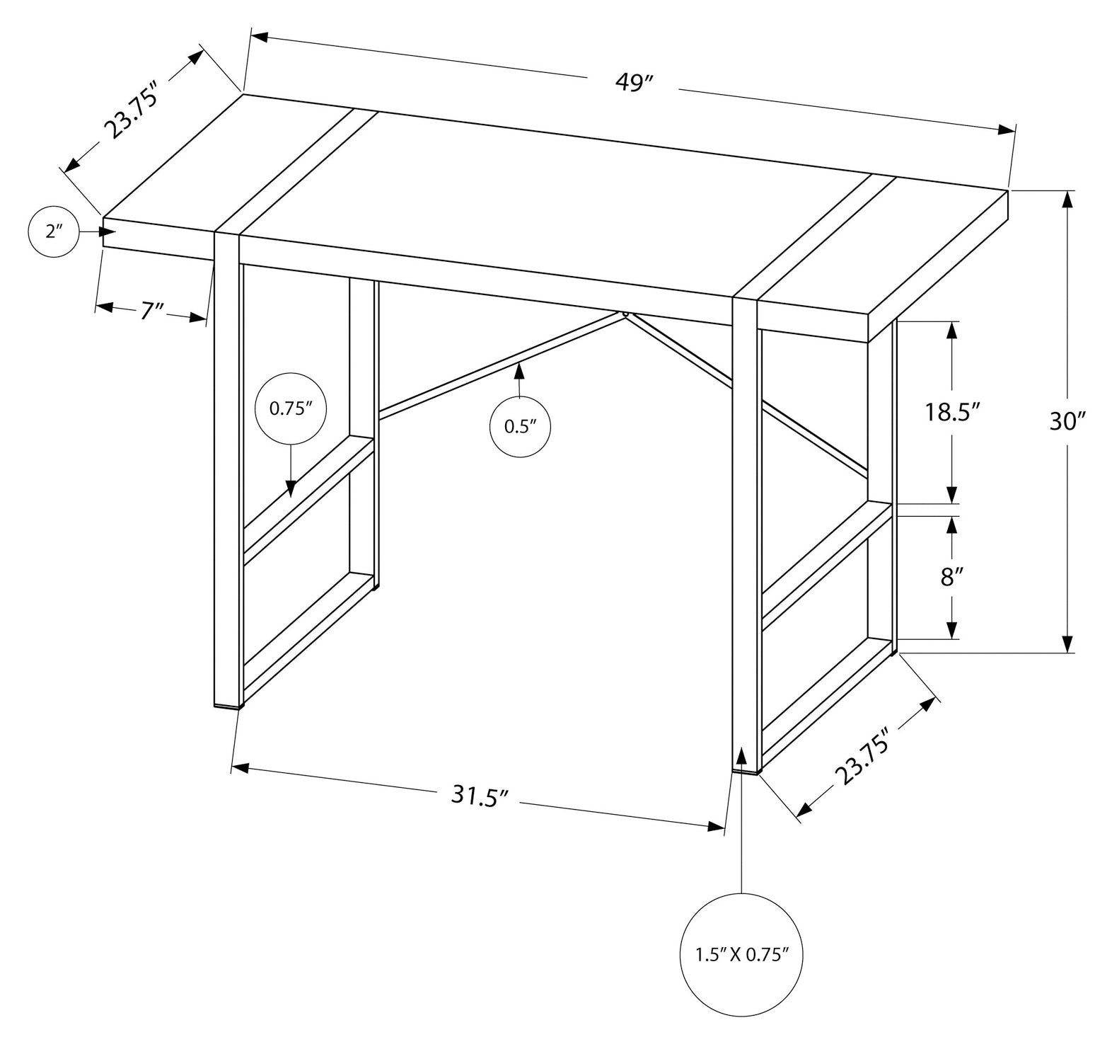 BUREAU D'ORDINATEUR - 48"L / NOIR / METAL ARGENT
