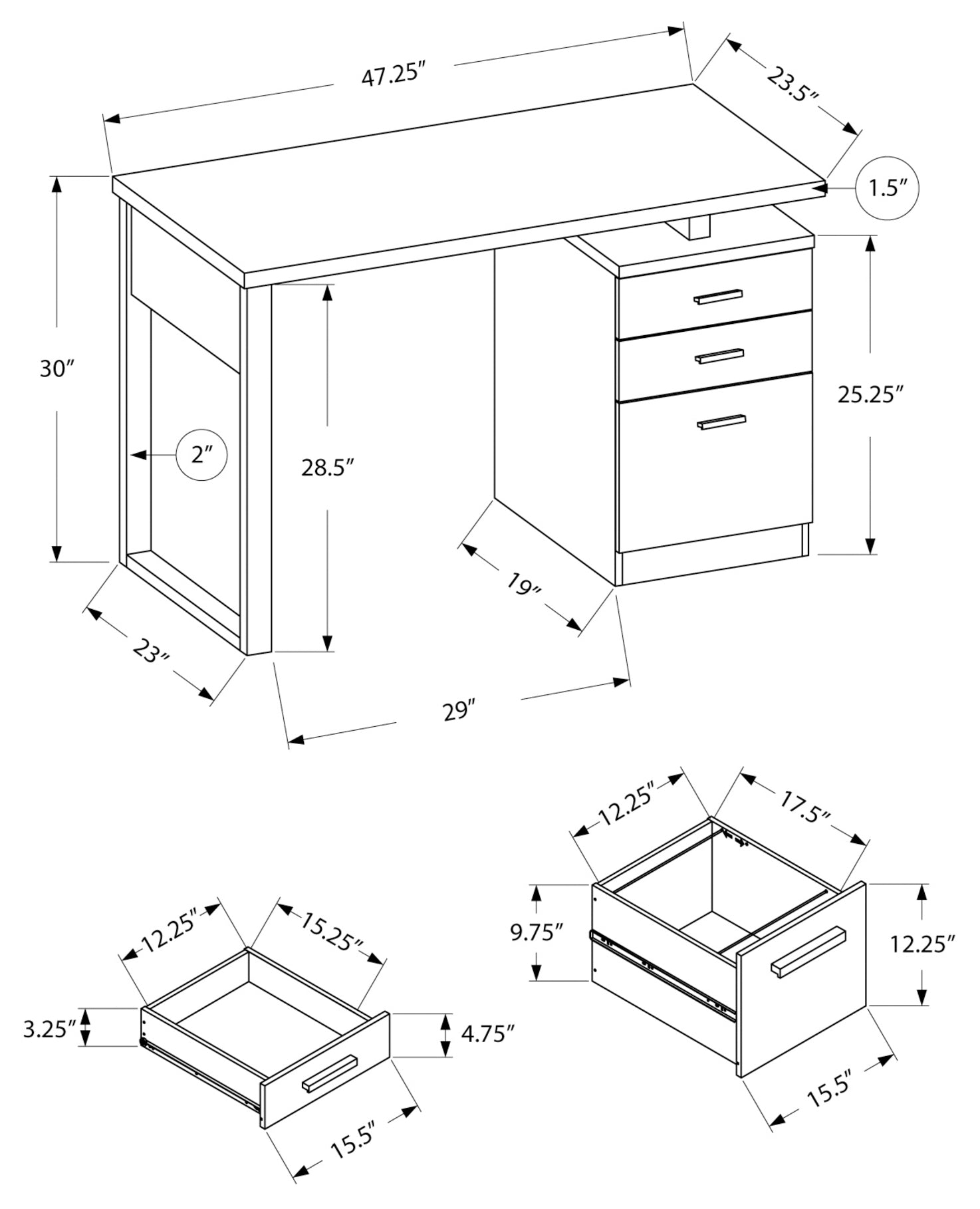 BUREAU D'ORDINATEUR - 48"L / NOIR ORIENTATION GAUCHE OU DROITE