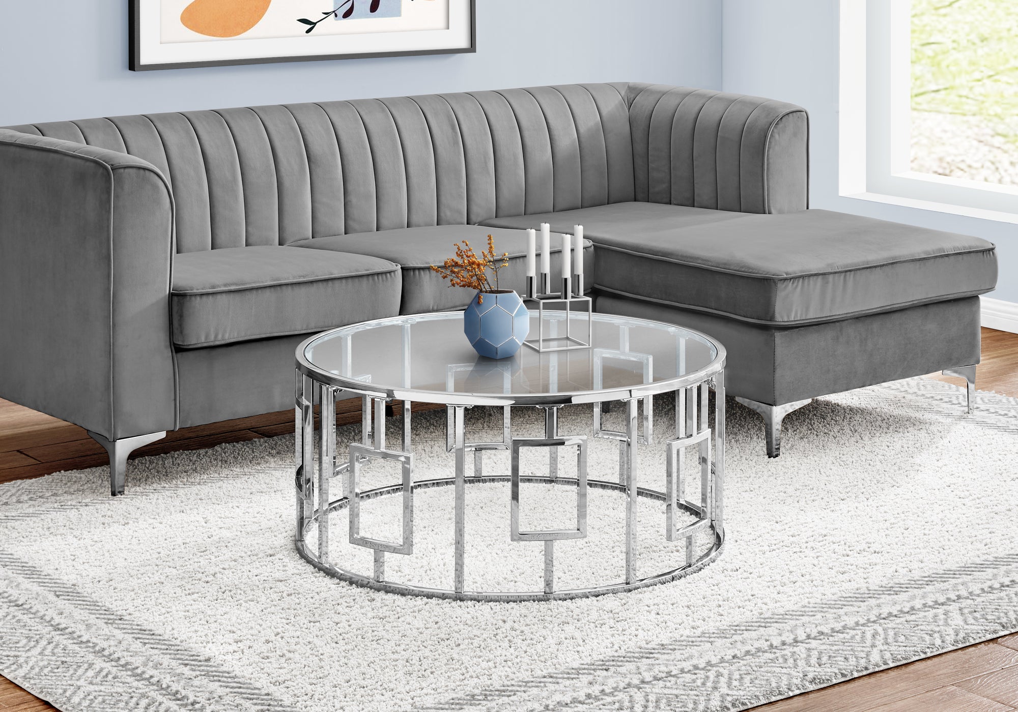 TABLE BASSE - 36"DIA / MÉTAL CHROME AVEC VERRE TREMPÉ