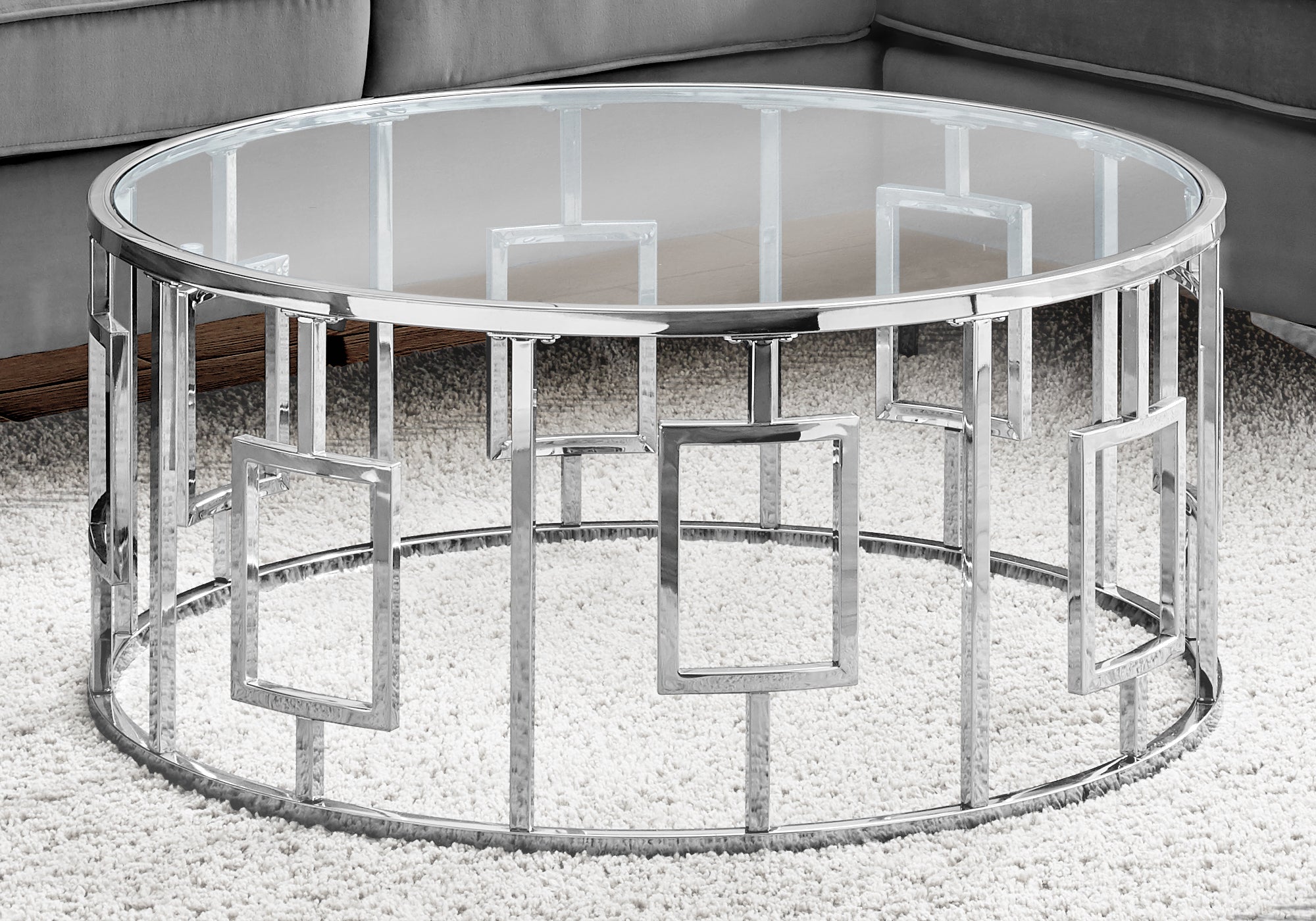 TABLE BASSE - 36"DIA / MÉTAL CHROME AVEC VERRE TREMPÉ
