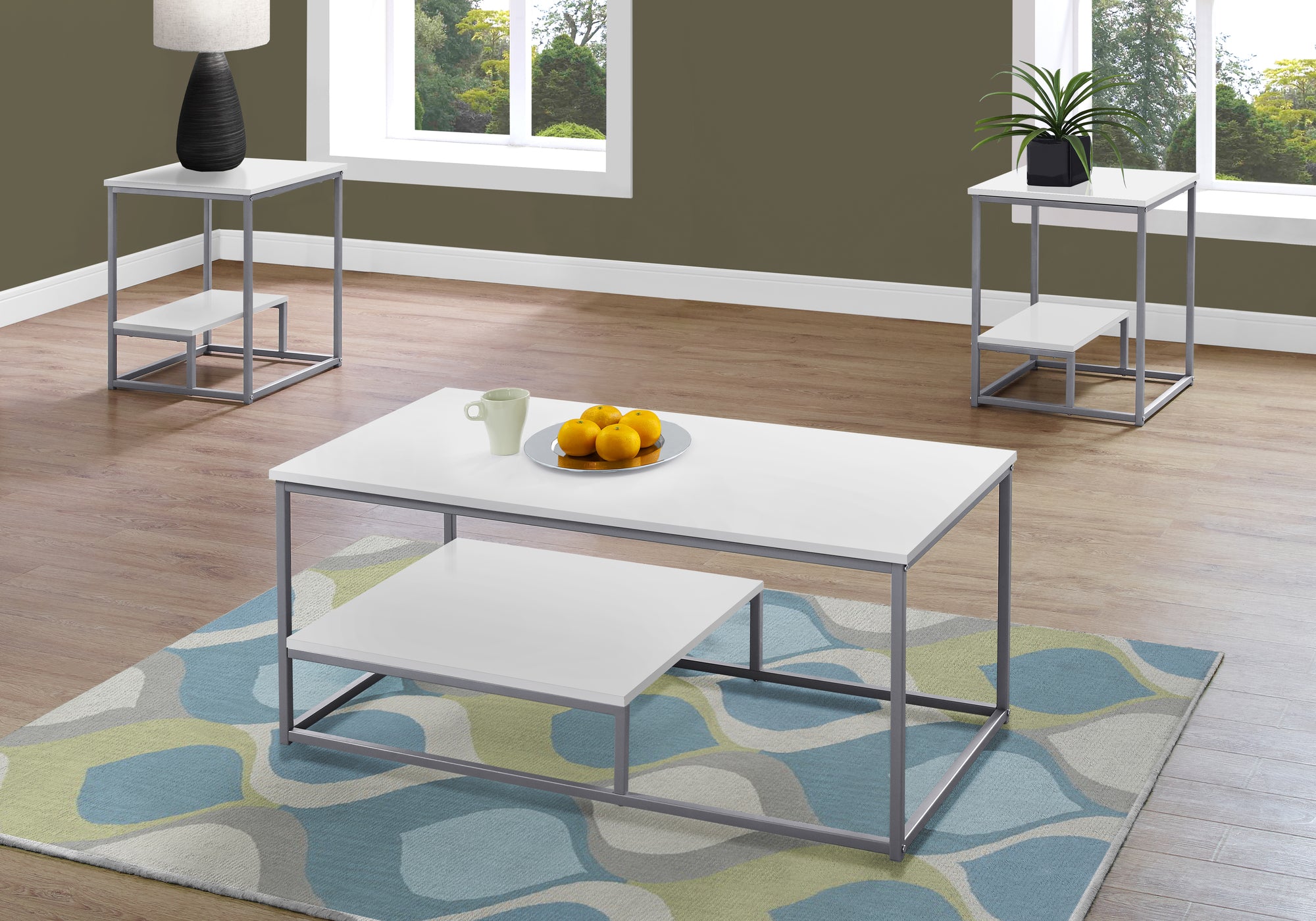 SET DE TABLE - 3PCS / BLANC / METAL ARGENT