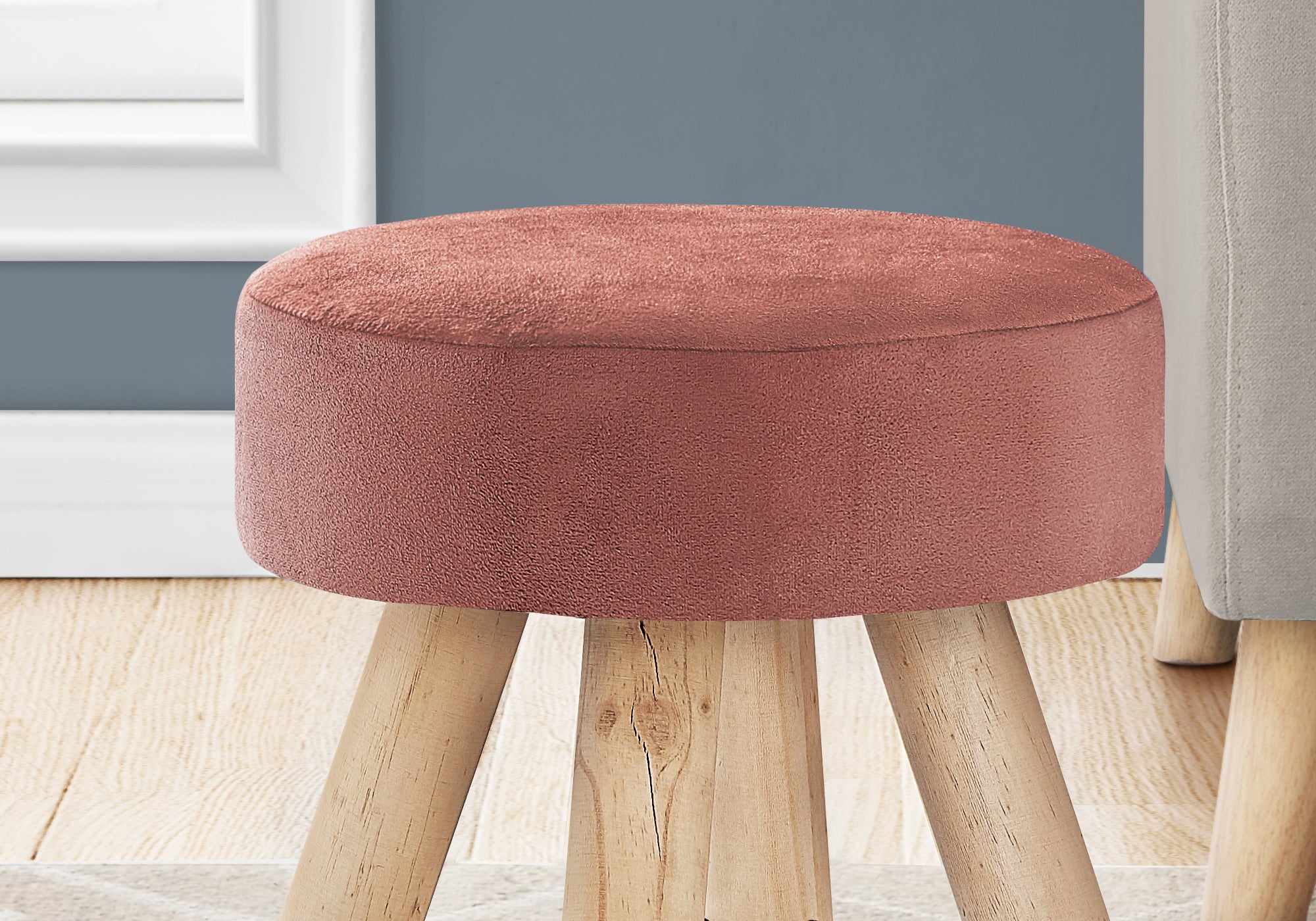 POUF - VELOURS ROSE FONCE / PIEDS BOIS NATUREL