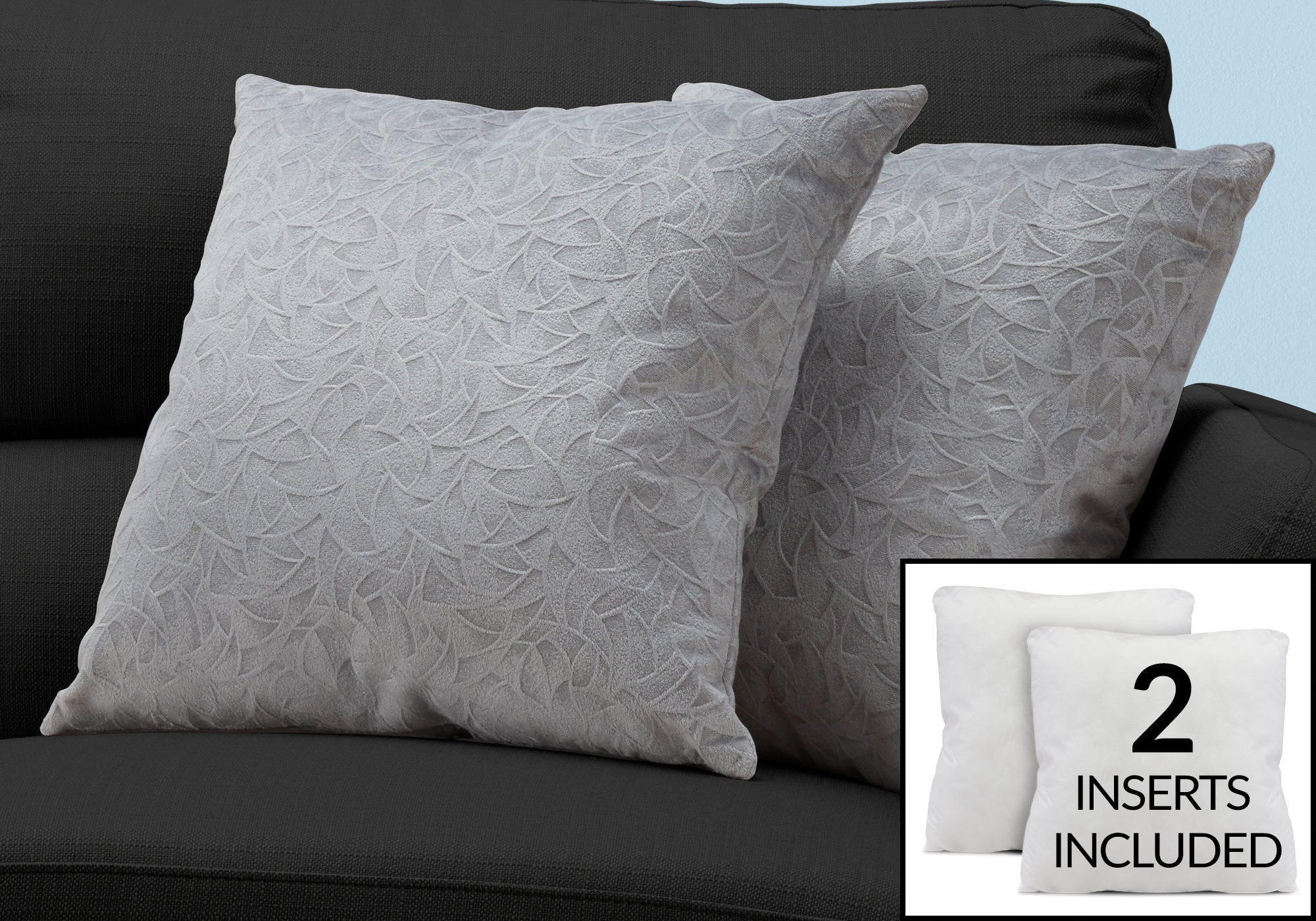 COUSSIN - 18"X 18" / VELOURS FLORAL GRIS PÂLE / 2PCS