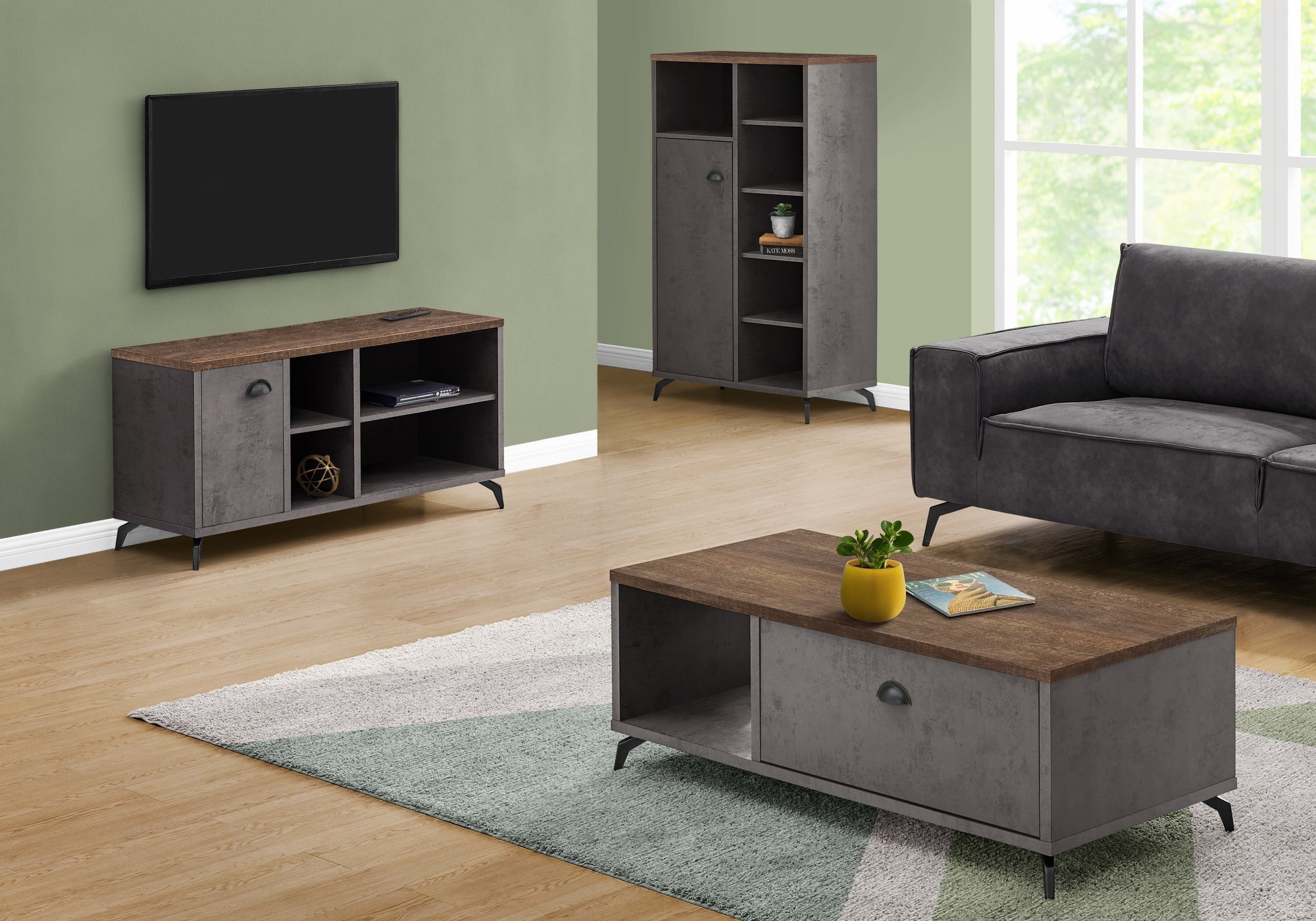 MEUBLE TV - 48"L / CONCRETE GRIS / FAUX BOIS BRUN MOYEN