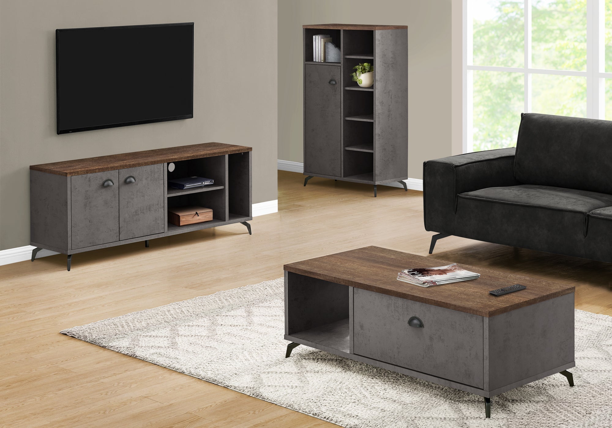 MEUBLE TV - 60"L / CONCRETE GRIS / FAUX BOIS BRUN MOYEN