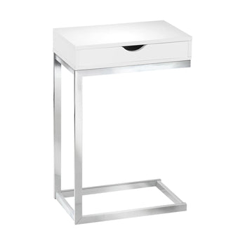 TABLE D'APPOINT - METAL CHROME / BLANC BRILLANT AVEC UN TIROIR