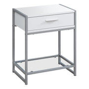 TABLE D'APPOINT - 22"H / BLANC/ METAL ARGENT/ VERRE TREMPE