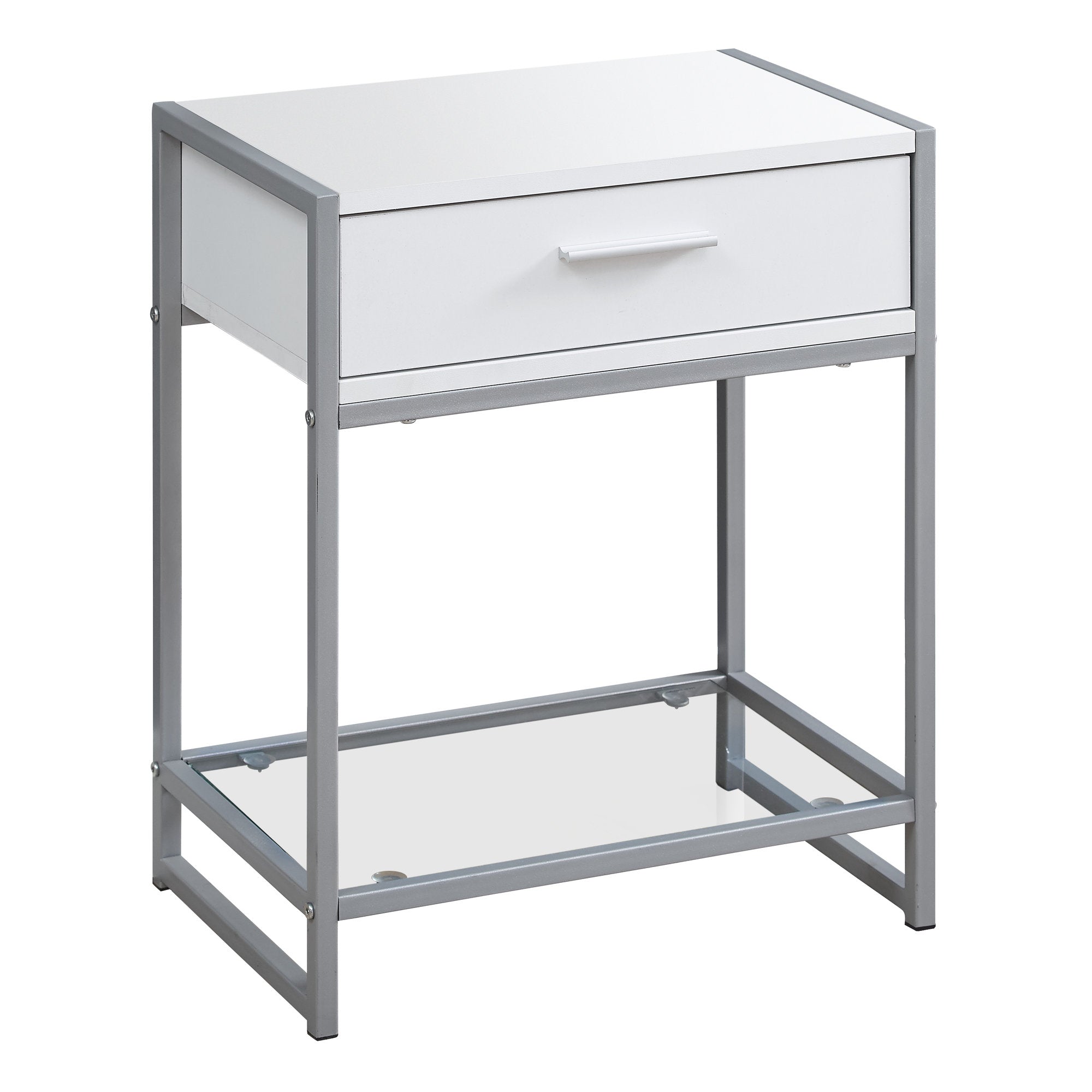 TABLE D'APPOINT - 22"H / BLANC/ METAL ARGENT/ VERRE TREMPE