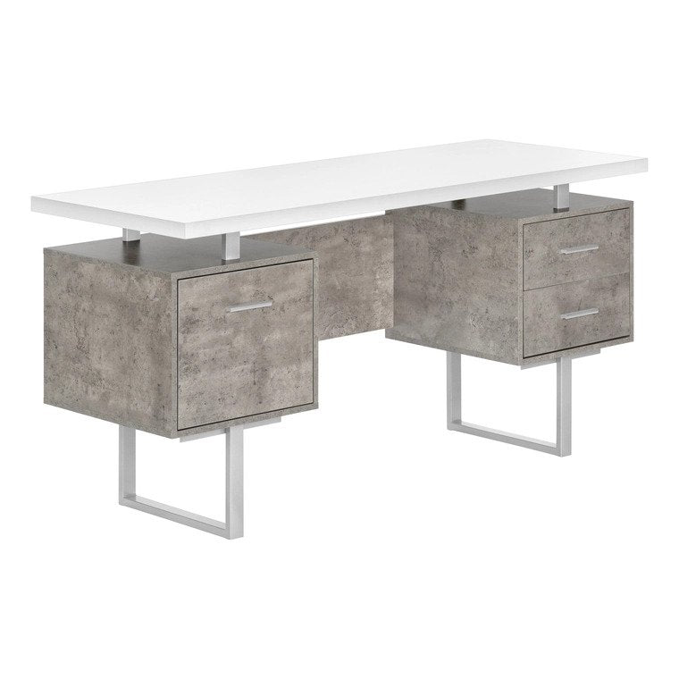 BUREAU D'ORDINATEUR - 60"L / BLANC/ BÉTON GRIS/ MÉTAL ARGENT