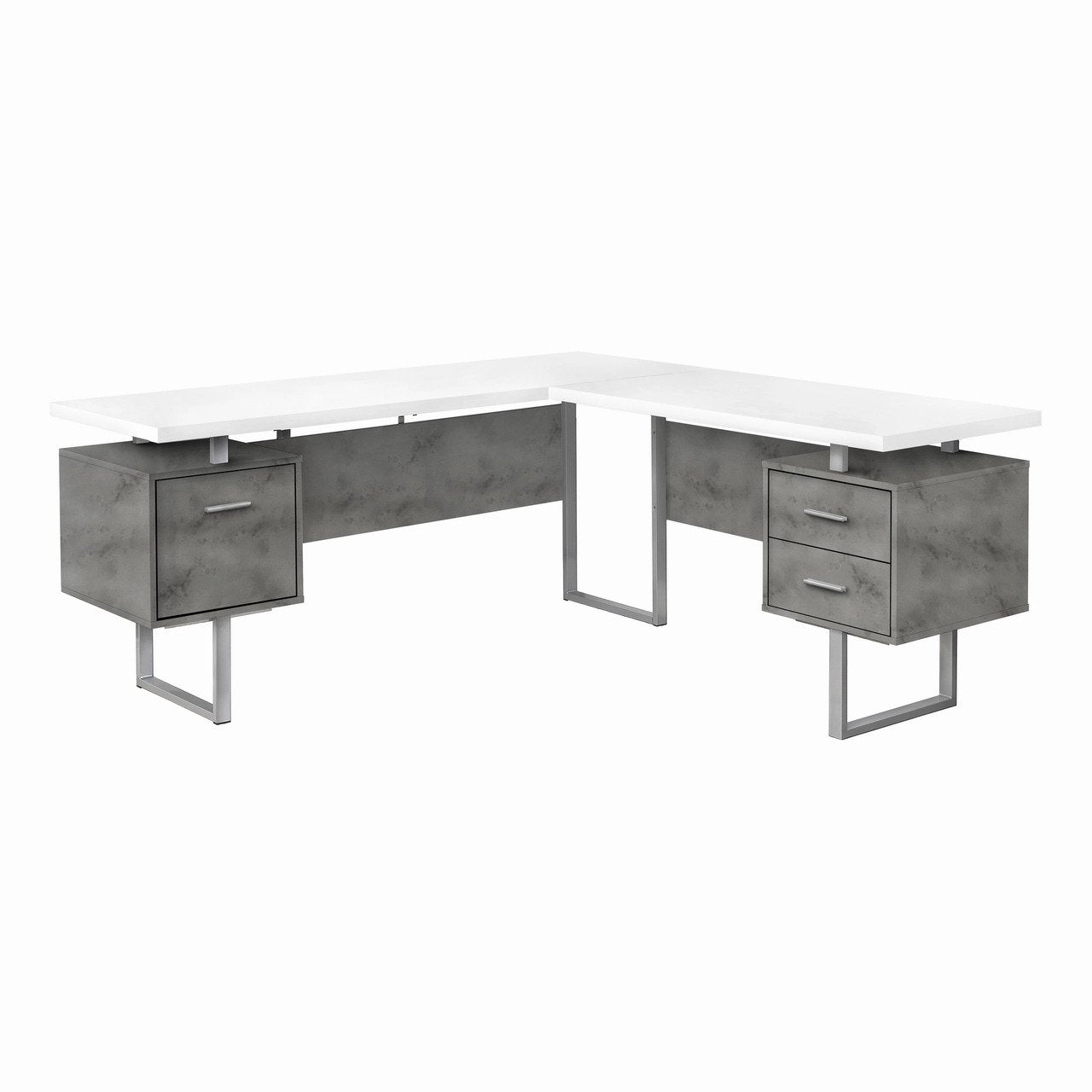 BUREAU D'ORDINATEUR - 70"L / BLANC/ BÉTON/ MÉTAL ARGENT/ G/D