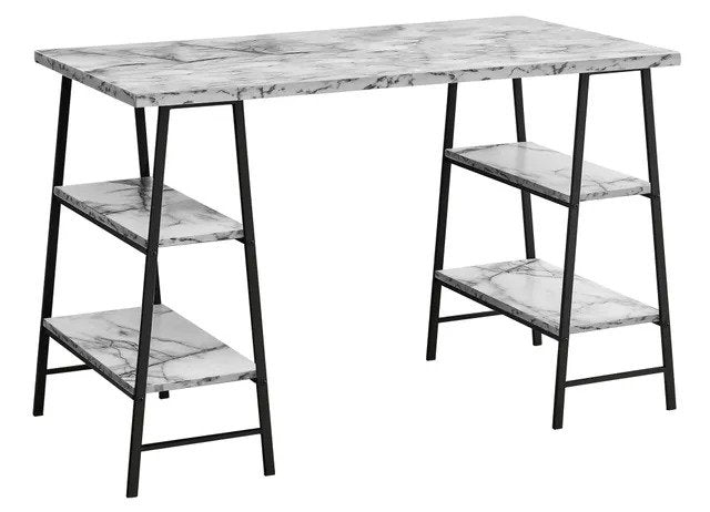 BUREAU D'ORDINATEUR - 48"L / ASPECT MARBRE BLANC / METAL NOIR