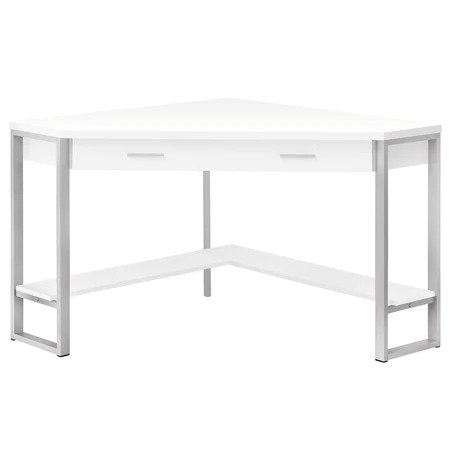 BUREAU D'ORDINATEUR - 42"L / COIN BLANC / METAL ARGENT