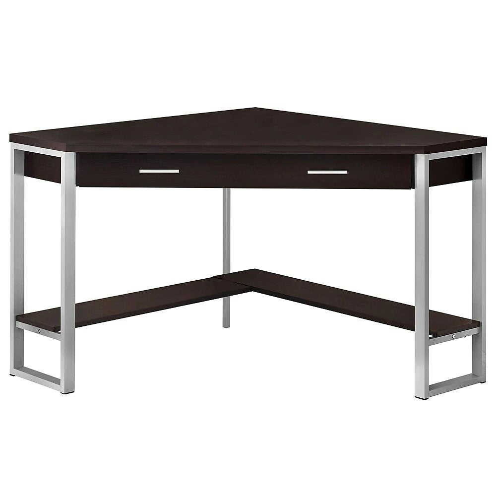 BUREAU D'ORDINATEUR - 42"L / EN COIN ESPRESSO / METAL ARGENT