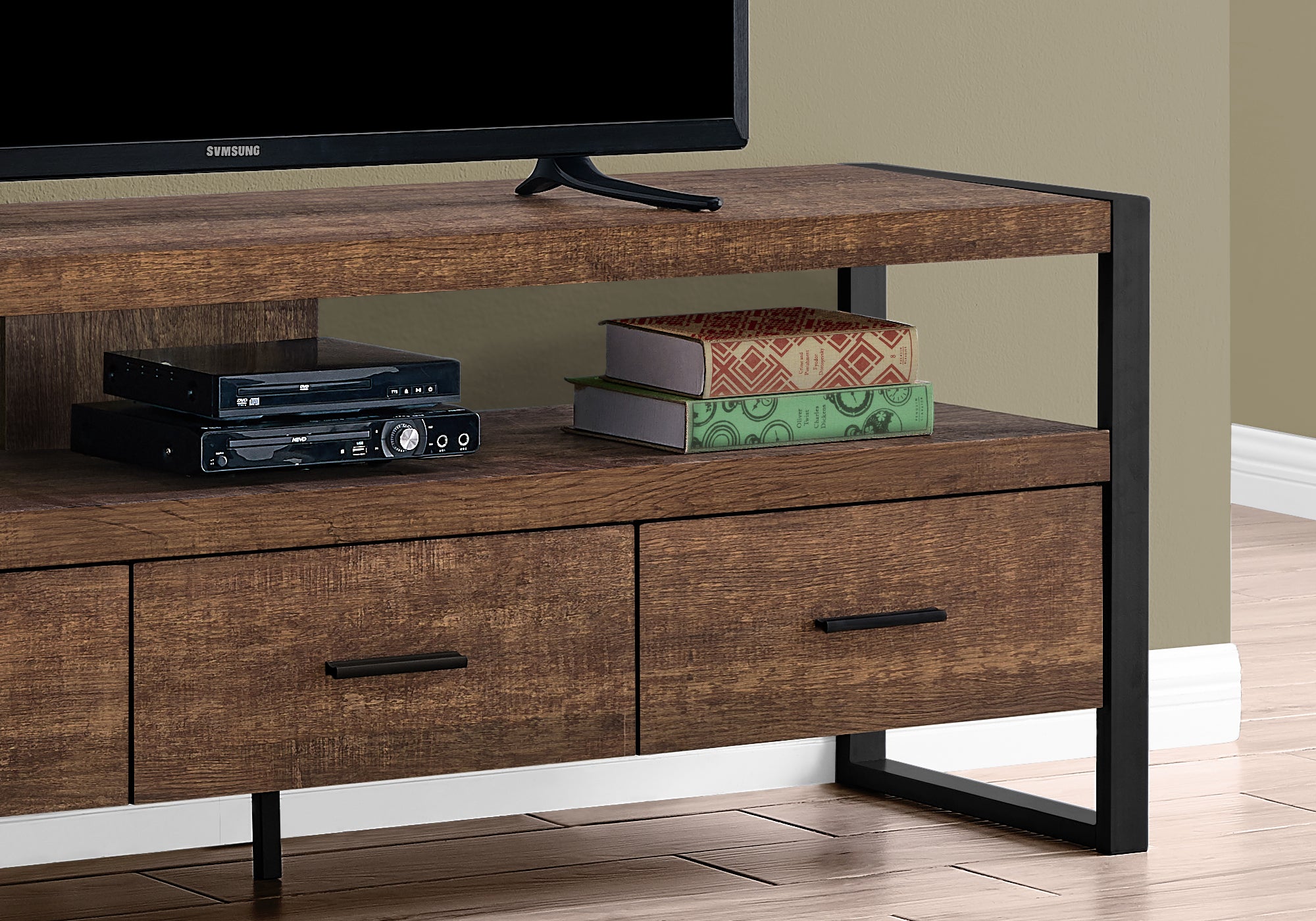 MEUBLE TV - 60"L / FAUX BOIS BRUN / 3 TIROIRS
