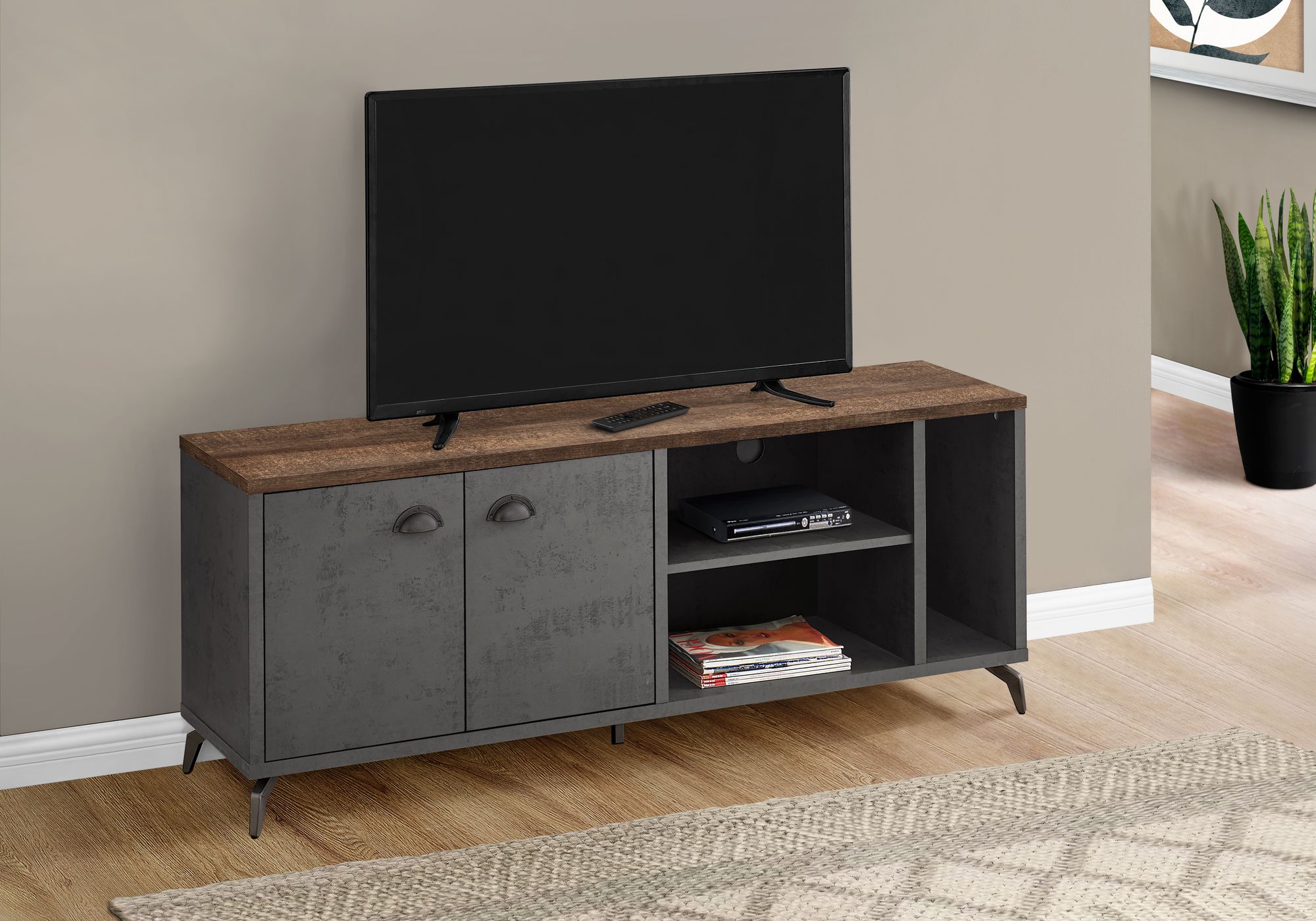 MEUBLE TV - 60"L / CONCRETE GRIS / FAUX BOIS BRUN MOYEN