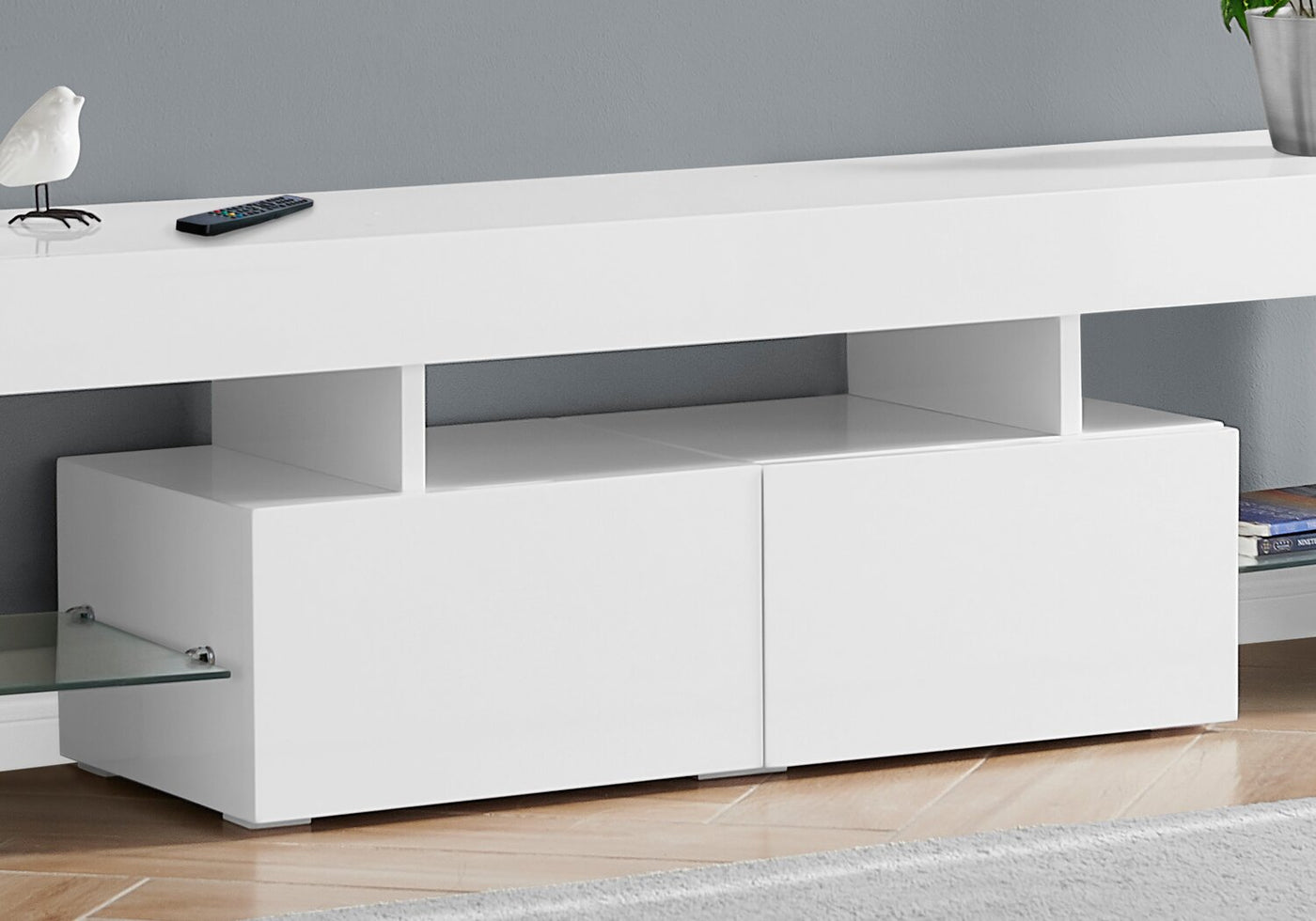 MEUBLE TV - 63"L / BLANC LUSTRE AVEC VERRE TREMPE
